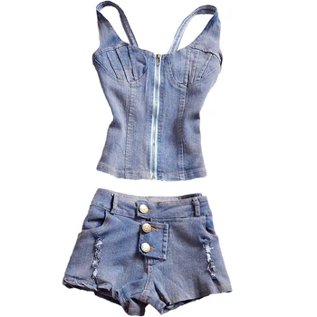summer slim zipper denim sling top + single-breasted hole denim shorts women two piece sets
summer slim zipper denim sling top + single-breasted hole denim shorts women two piece sets