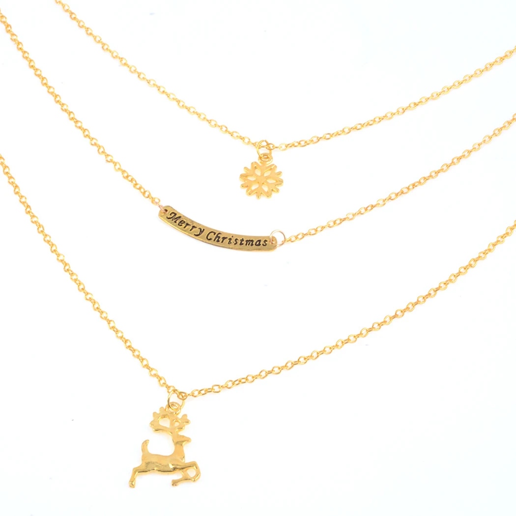women merry christmas deer elk snowflake pendant chain necklace