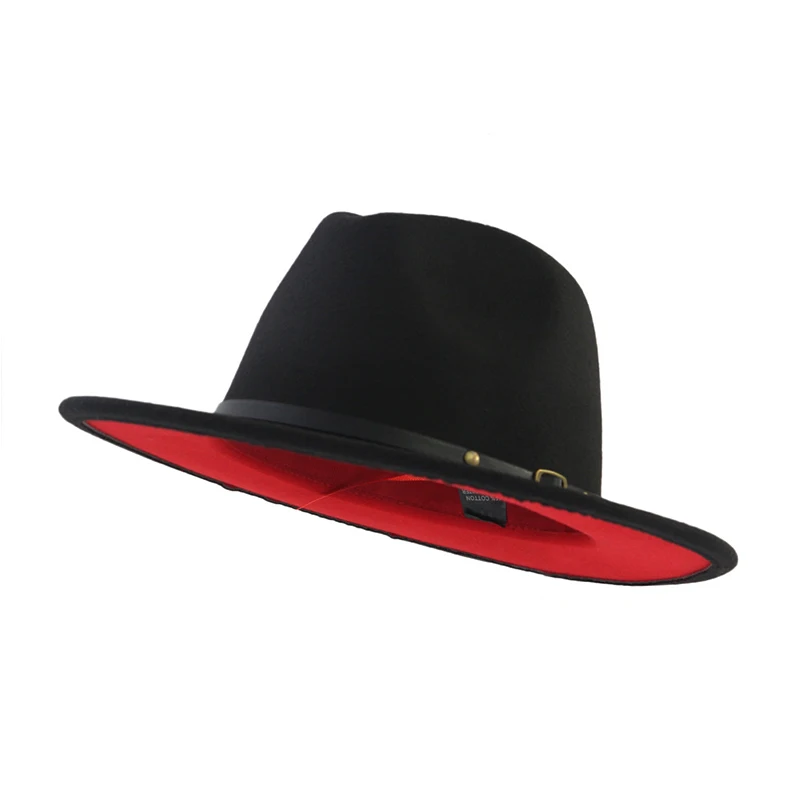 

Red Black Patchwork Wool Felt Jazz Fedoras Hat For Men Women Cap Winter Panama Trilby Cowboy Hats For Church British Flat Caps