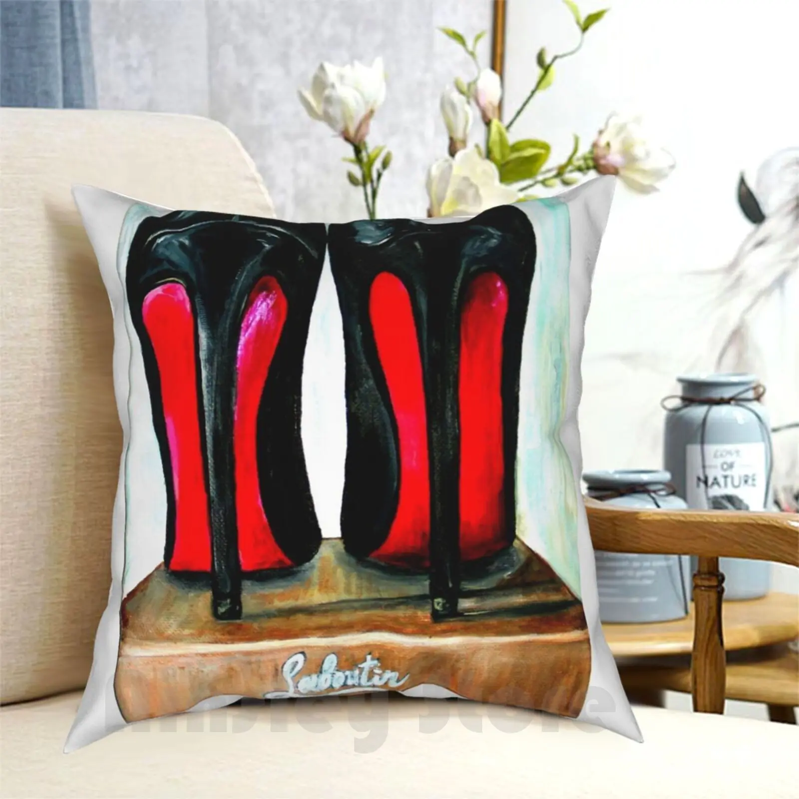 

Подушка на каблуках с яркой черной и красной подошвой, домашняя мягкая декоративная подушка с принтом, черные кожаные каблуки с красной подошвой