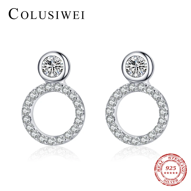 

Colusiwei новый 925 стерлингового серебра нежный Сверкающий Круглый Циркон серьги-гвоздики в виде капель с кристаллами в форме Для женщин геометрический полый круг, серьги, ювелирное изделие