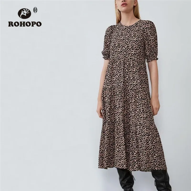 ROHOPO Puff Short Sleeve Round Collar Pink Daisy Floral Black Midi Dress Collar Back Split Pleated Bottom Mid Calf Vestido #9492
ROHOPO Puff Short Sleeve Round Collar Pink Daisy Floral Black Midi Dress Collar Back Split Pleated Bottom Mid Calf Vestido #9492