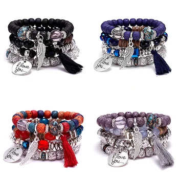 4PCS/SET Ethnic Bohemia Colorful Natural Stone Beads Elastic Rope Chain Bracelet With Tassel And I Love You Lettering Pendant
4PCS/SET Ethnic Bohemia Colorful Natural Stone Beads Elastic Rope Chain Bracelet With Tassel And I Love You Lettering Pendant
