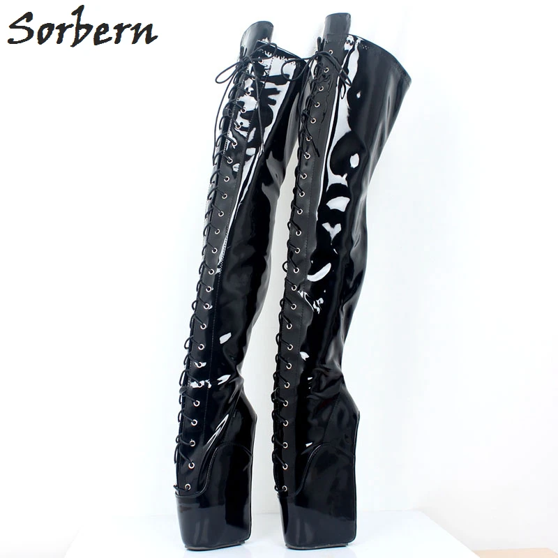 

Sorbern Patent Black Mid Thigh High Boots Women Ballet Wedges High Heels Lace Up Fetish For Drag Queen Unisex Shoes Custom Wide