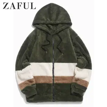 

ZAFUL Autumn Men Colorblock Spliced Faux Fur Fluffy Hooded Jacket Long Sleeves Hooded Zip Up Jacket Spliced Streetwear