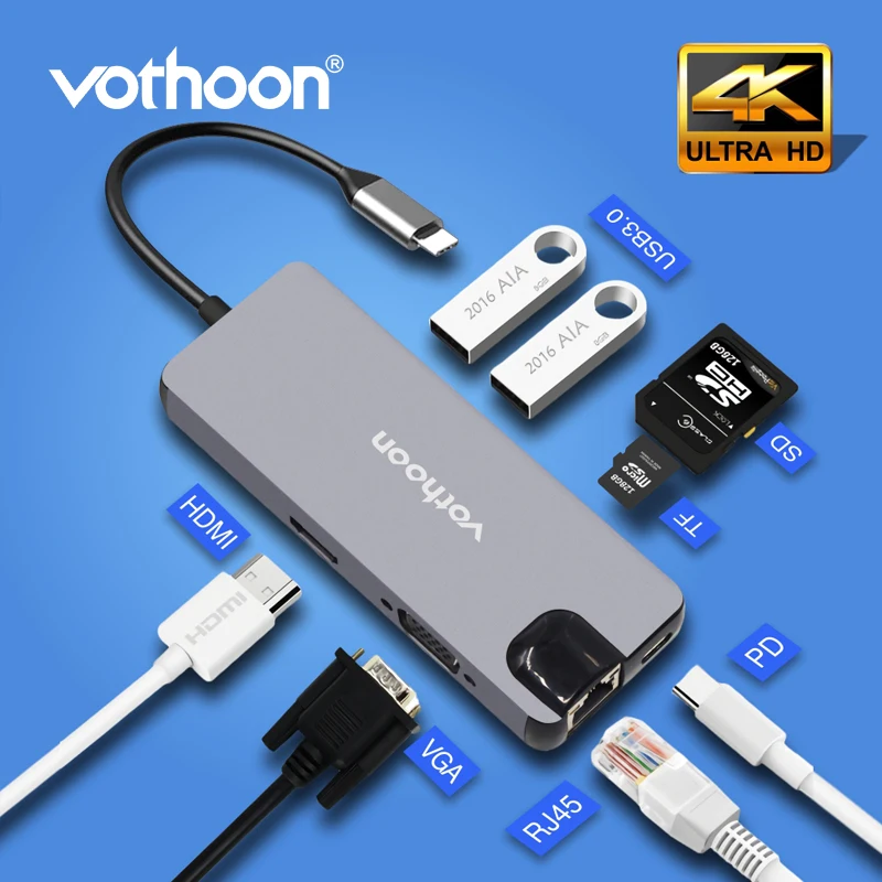 Vothoon USB Type C HUB to USB 3.0 HDMI USB HUB for MacBook Pro Air Card Reader VGA RJ45 Ethernet USB Splitter 8 Port Type C HUB
Vothoon USB Type C HUB to USB 3.0 HDMI USB HUB for MacBook Pro Air Card Reader VGA RJ45 Ethernet USB Splitter 8 Port Type C HUB