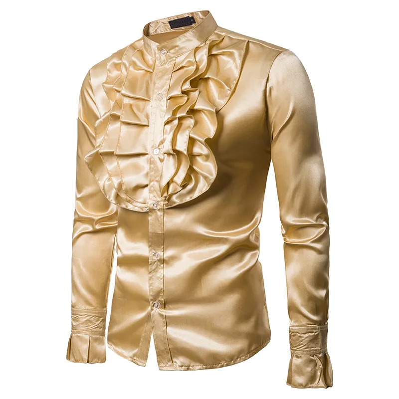 Рубашка мужская атласная золотистая с длинным рукавом под смокинг |