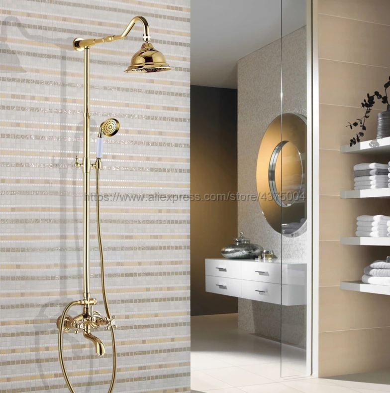 

Gold Color Brass Bathroom Rainfall Shower Faucet Set Mixer Tap With Hand Sprayer Wall Mounted Bath Tub Mixer Tap Ngf713