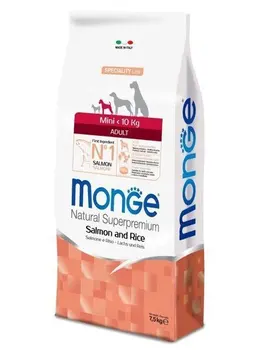 Monge dog speciality mini adult dogs small breeds, salmon and rice, 2,5 kg.
Monge dog speciality mini adult dogs small breeds, salmon and rice, 2,5 kg.