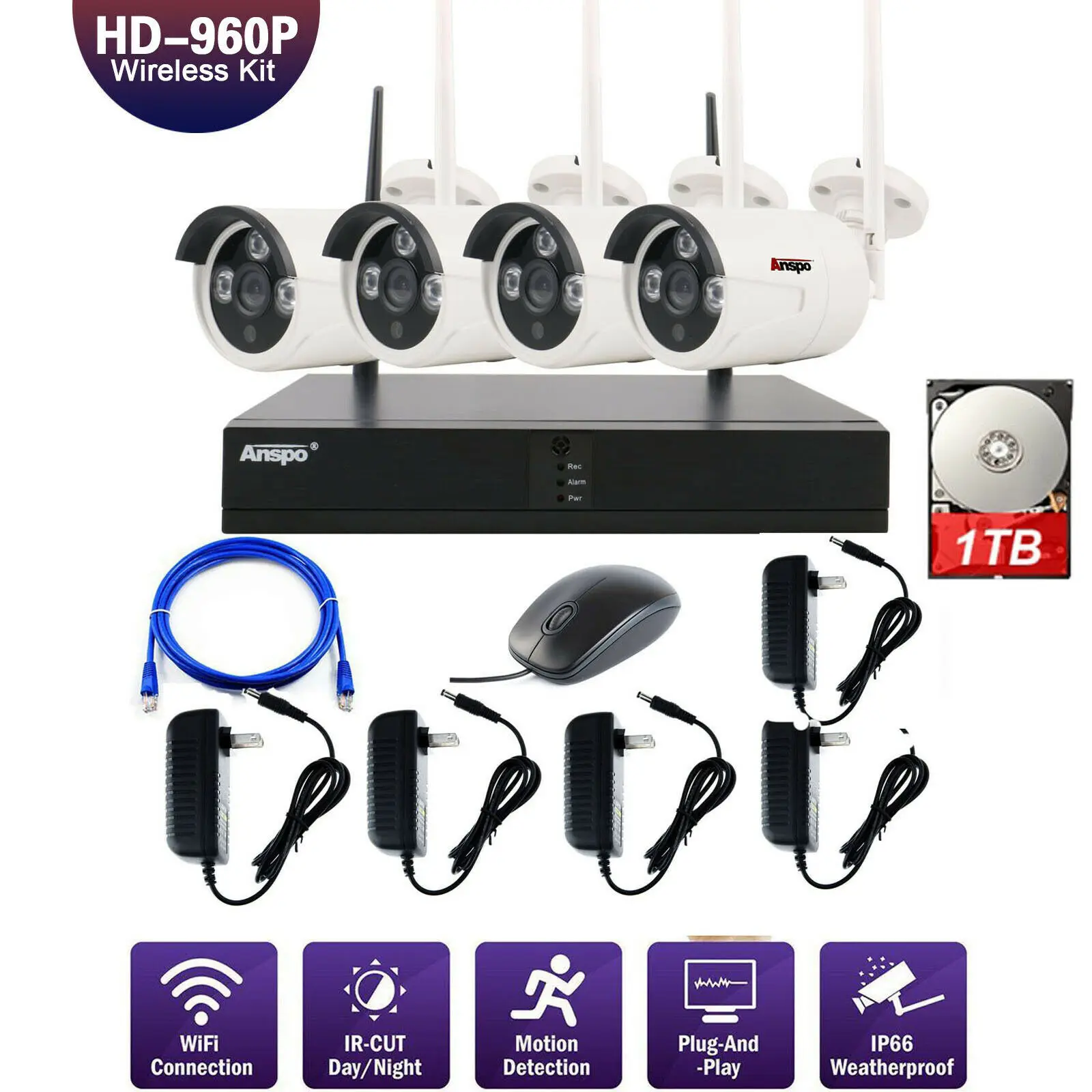 Anspo 4CH Wifi NVR 960P HD Outdoor Wireless Security Camera System with 1TB HDD
Anspo 4CH Wifi NVR 960P HD Outdoor Wireless Security Camera System with 1TB HDD
