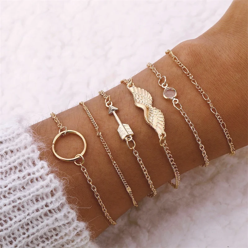 6 Pcs/Set Women Simple Bangle Gold Chain Circle Geometric Crystal Arrow Wings Bracelet Set Beach Vintage Jewelry
6 Pcs/Set Women Simple Bangle Gold Chain Circle Geometric Crystal Arrow Wings Bracelet Set Beach Vintage Jewelry