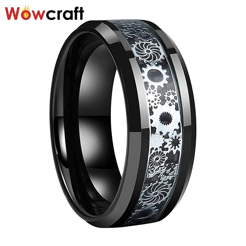 6/8mm Black Wedding Band Tungsten Carbide Rings for Men Women Carbon Fiber Gears Inlay Polished Shiny Beveled Edges Comfrot Fit
6/8mm Black Wedding Band Tungsten Carbide Rings for Men Women Carbon Fiber Gears Inlay Polished Shiny Beveled Edges Comfrot Fit
