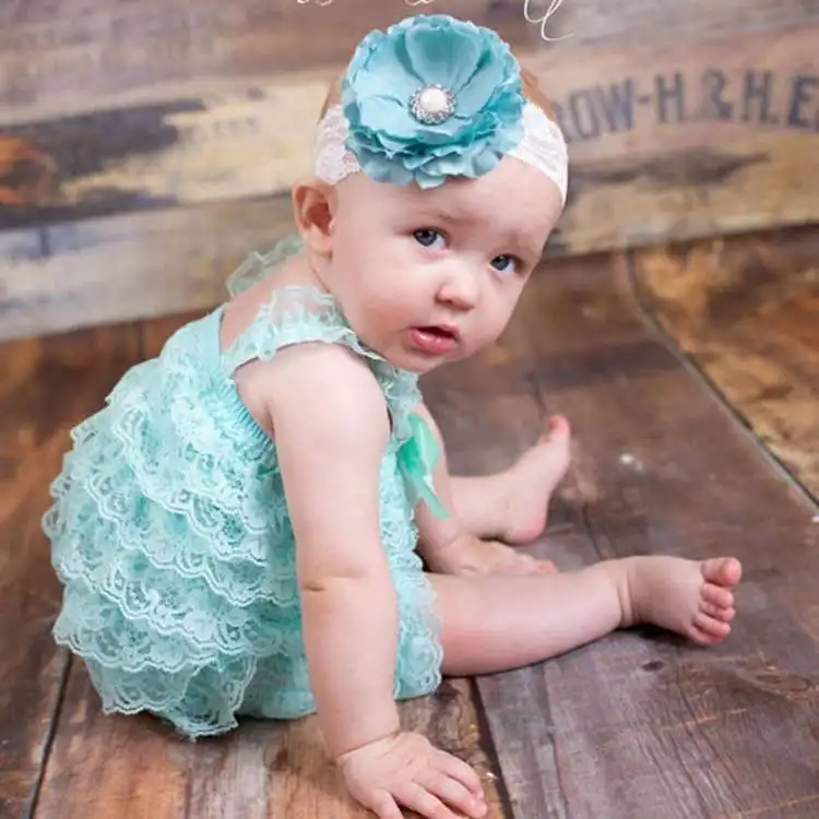 

Lovely Baby Aqua Lace Romper Infant Toddler Petti Ruffled Romper with Ribbon Bow and Flower Headband Newborn Jumpsuit One-Piece