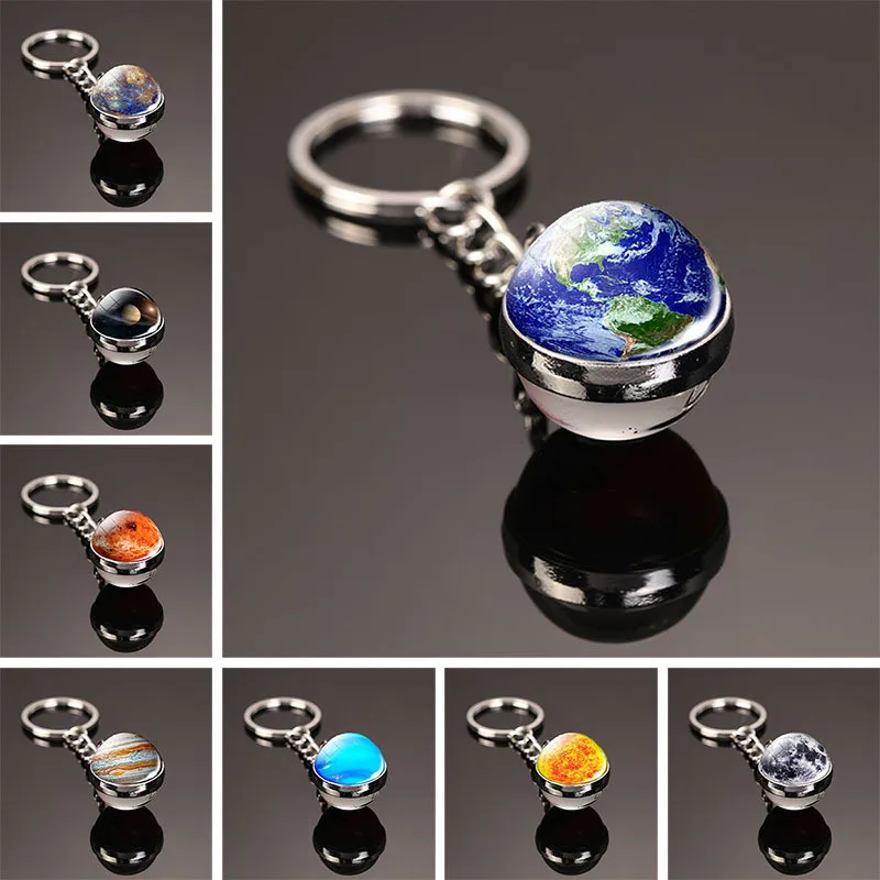 Фото Galaxy Planet Keychain Trendy Solar System Art Picture Glass Ball Key Chain Moon Earth Double Side Car | Игрушки и хобби