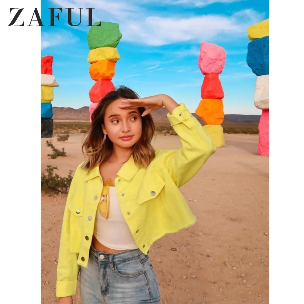 

ZAFUL X Alexis Ricecakes Faux Pockets Frayed Hem Solid Jacket Women Snap Button Solid Jacket Drop Shoulder Pockets Streetwear