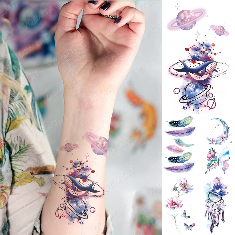 

Waterproof Temporary Tattoo Sticker Watercolor Universe Whale Flash Tatoo Butterfly Flowers Fake Tatto For Body Art Women Men