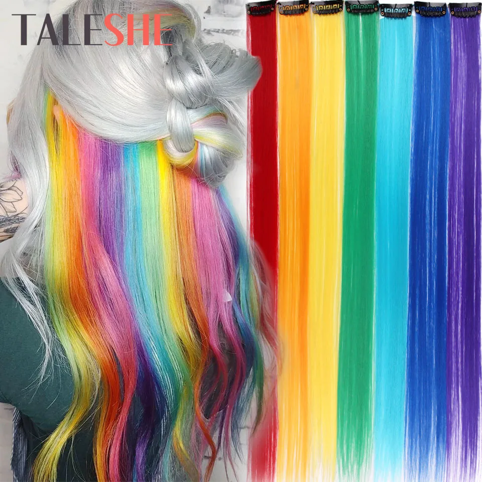 TALESHE Long Straight Clip in One Piece Hair Extensions 20 Inch 50cm Synthetic Fake Hair for Women Girls Rainbow Color Pink