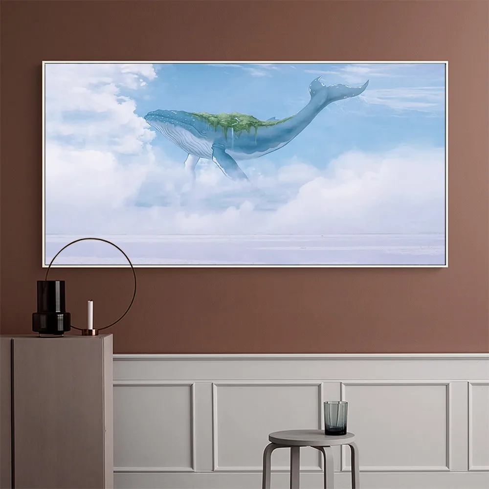 Картина маслом в скандинавском минималистическом стиле Морские животные кит на
