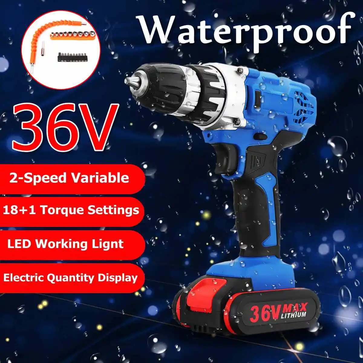 36V Electric Drill Cordless Power Screwdriver 18+1 Torque W/ 1 or 2 Li-ion Battery Power LED lighting Tools Kit
36V Electric Drill Cordless Power Screwdriver 18+1 Torque W/ 1 or 2 Li-ion Battery Power LED lighting Tools Kit