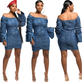 Bikitique Women's Solid Color Off-Shoulder Ruched Dress Flare Sleeves Tight Wrap Hip Denim Party Dress Women Date Vintage Dress
Bikitique Women's Solid Color Off-Shoulder Ruched Dress Flare Sleeves Tight Wrap Hip Denim Party Dress Women Date Vintage Dress
