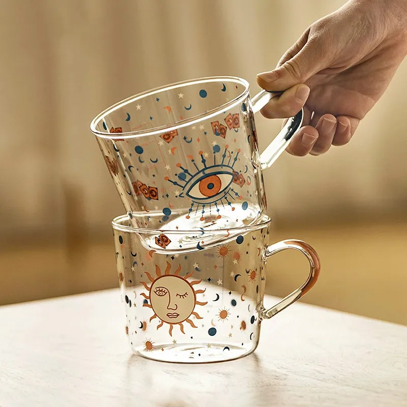

500ML Creative Scale Glass Mug Breakfast Milk Coffee Cup Household Couple Water Cup Sun Eye Pattern Drinkware Kitchen Tableware