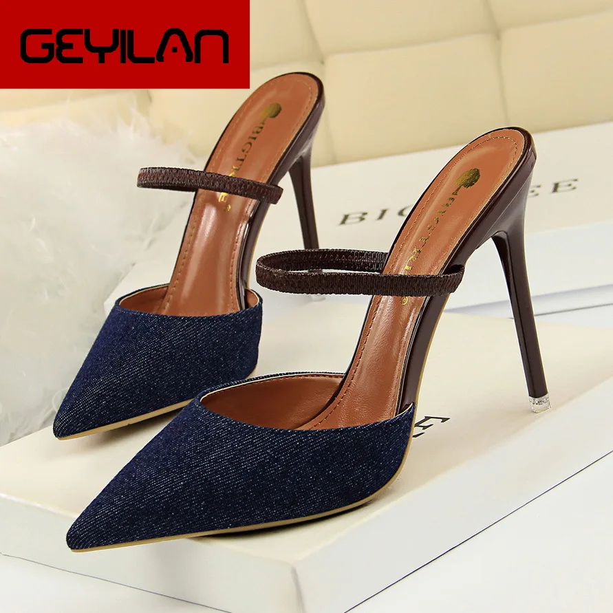 Korean Style Lady Unique High Heel Slippers Blue Denim Cloth Pointed Toe Design Female Banquet Most Comfortable High Heel Shoes
Korean Style Lady Unique High Heel Slippers Blue Denim Cloth Pointed Toe Design Female Banquet Most Comfortable High Heel Shoes