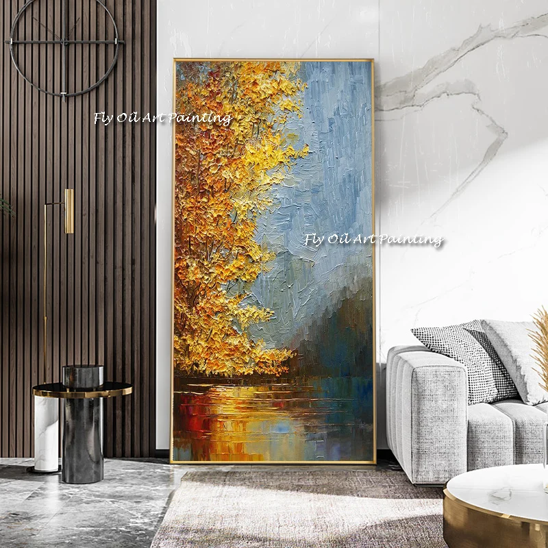 

100% Hand painting drawn Gold foil Knife tree Thick oil painting on canvas beautiful artwork hanging picture for living room