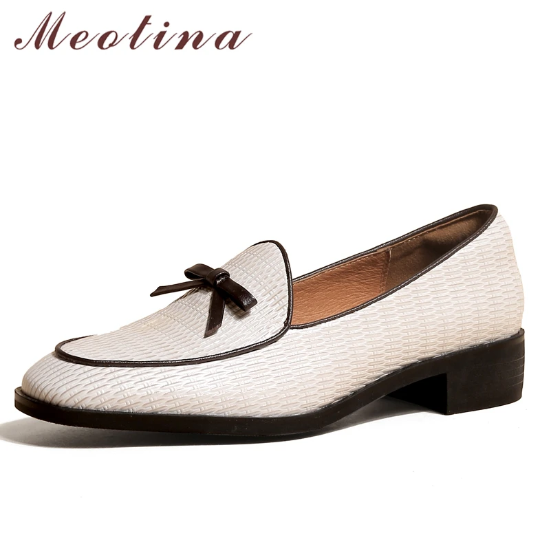 

Meotina Genuine Leather Flat Loafers Shoes Women Bow Causal Shoes Round Toe Fashion Ladies Footwear Spring Autumn White Brown 40