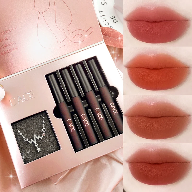 CACE 4Pcs/Set Lipgloss Makeup Liquid Lipstick Lip Gloss Waterproof Long Lasting Matte Lip Stick Kits Gift Necklace maquiagem
CACE 4Pcs/Set Lipgloss Makeup Liquid Lipstick Lip Gloss Waterproof Long Lasting Matte Lip Stick Kits Gift Necklace maquiagem