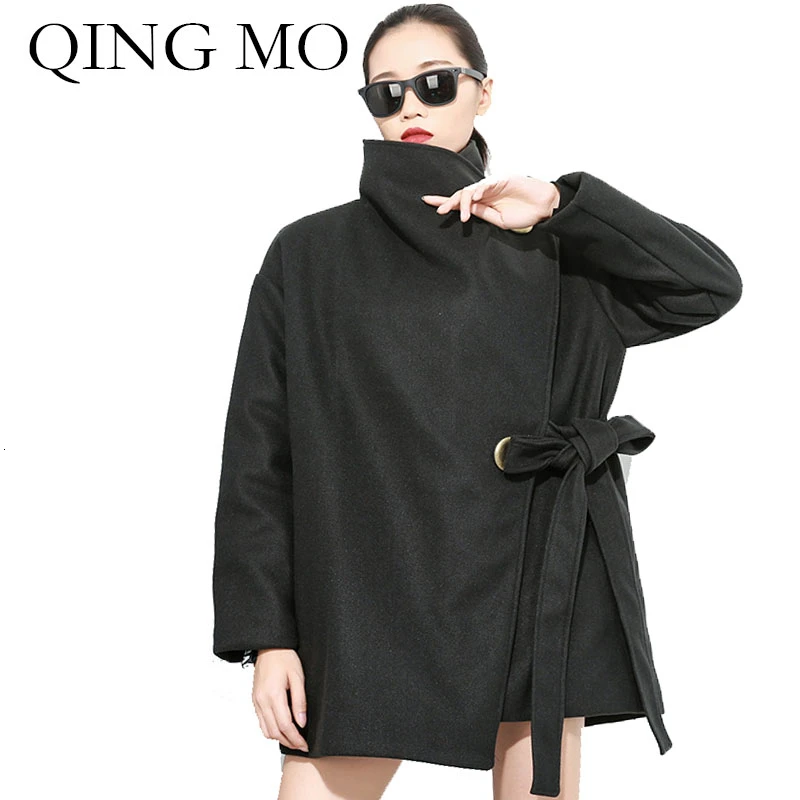 Фото Женское шерстяное пальто QING MO черное с регулируемой талией и воротником под