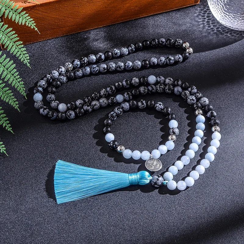 

8mm Natural Stone Beads,Snowflake Obsidian,Aguamarina,Japamala Sets,Spiritual Meditation Yoga Jewelry,108 Mala Beads Necklace
