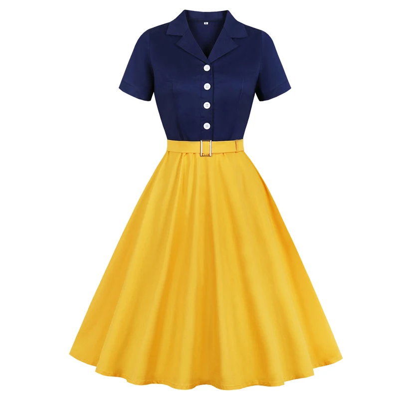 

Navy Blue and Yellow Two Tone Notched Collar Button Up Elegant Vintage Shirt Dress Women Belted Rockabilly Midi Swing Dresses