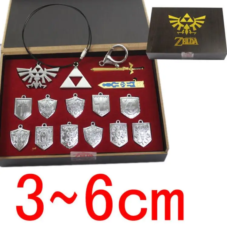 14 Pcs The Legend of Zelda Shield Skyward Sword Blade Weapons Pendants Chain keychains Necklace Set Silver Color with Retail Box
14 Pcs The Legend of Zelda Shield Skyward Sword Blade Weapons Pendants Chain keychains Necklace Set Silver Color with Retail Box