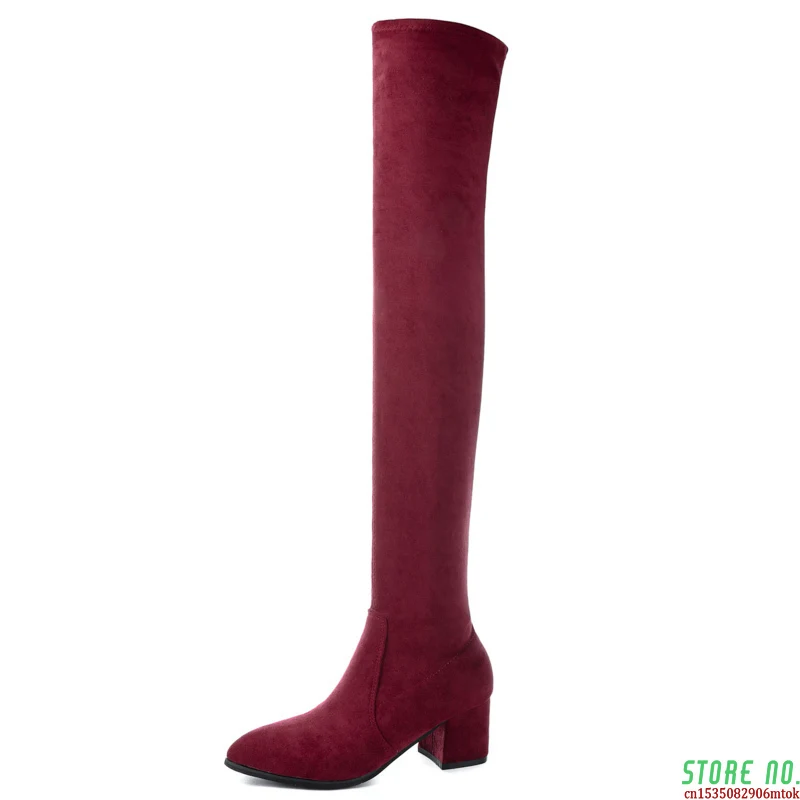 

New Winter Women Boots Over The Knee Women Stretch Fashion Red Black Boot Sexy High Heels Boots Plush Fur Boots Women Shoes