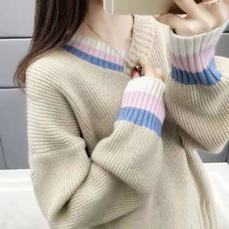 Women Soft V-neck Striped Pullover Sweater Korean Style Loose Knitted Jumper Autumn Winter Tops Clothing Q9017 
Women Soft V-neck Striped Pullover Sweater Korean Style Loose Knitted Jumper Autumn Winter Tops Clothing Q9017