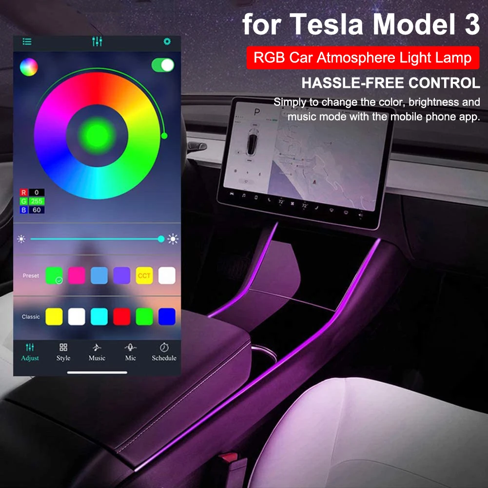For Tesla Model 3 LED Strip Light Muti-color Sound-activated RGB Car Atmosphere Light Lamp Ribbon Flexible With Bluetooth Remote
For Tesla Model 3 LED Strip Light Muti-color Sound-activated RGB Car Atmosphere Light Lamp Ribbon Flexible With Bluetooth Remote
