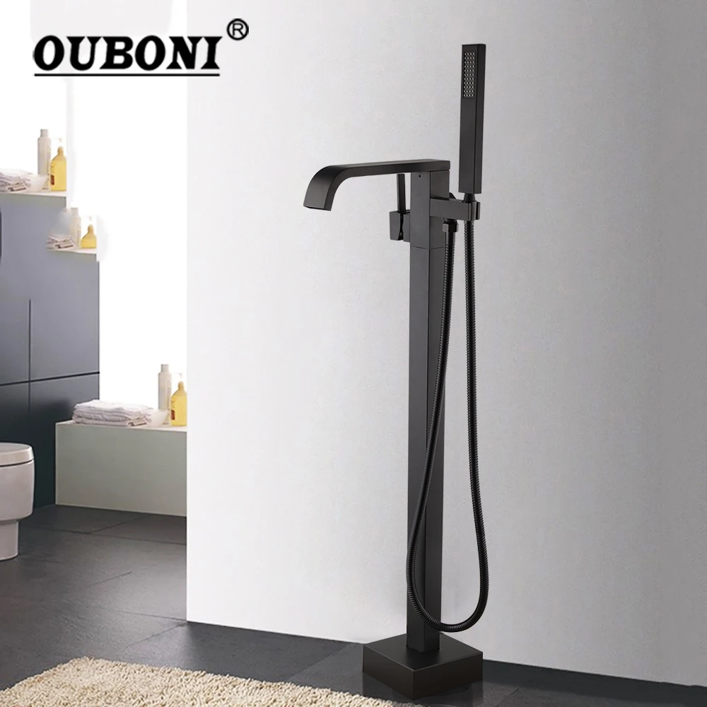 

OUBONI Floor Mounted Brass Chrome Bathtub Shower Faucet Sets Matte Black Floor Stand Free Standing tub filler Shower Faucets