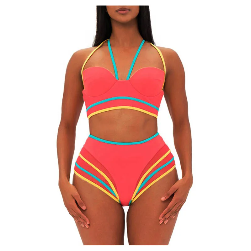 

Womens Sexy Two Piece High Waist Colorful Push Up Swimwear Halter Contrast Color Swimwear Bikini Set