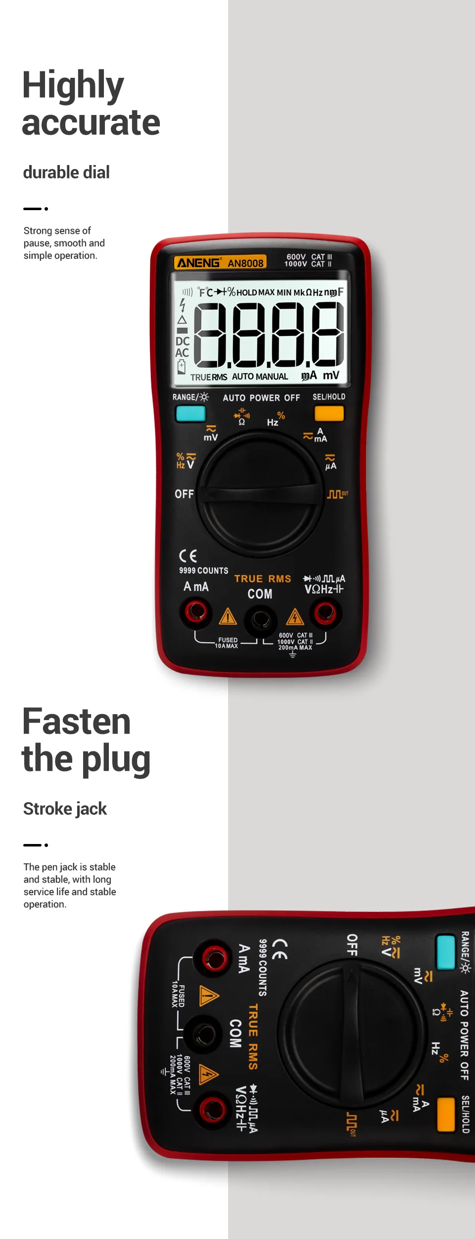 AN8008 Digitale multimeter True-RMS AC DC-spanning Amperometer Stroom Ohm- meter Diode Transistors Temperatuur Rood