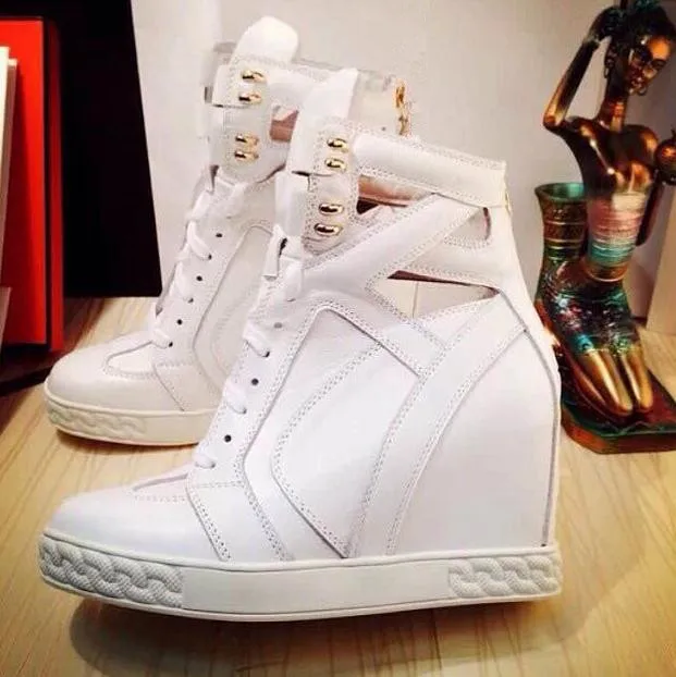 

Fashion White Python Genuine Leather Platform Ladies Lace Up High Top Ankle Boots Buckle Wedge Sneakers Casual Shoes Woman