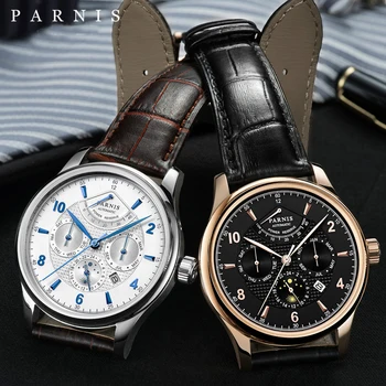 

Parnis 43mm Silver Case Mechanical Automatic Men Watch Moon Phase Power Reserve Men's Watches saat erkekler montre luxe 2019 Man