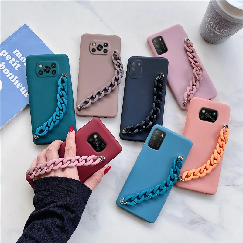 Candy Color Silicone Wriststrap Bracelet Chain Phone Case For Xiaomi Mi Poco X3 Pro Nfc F3 M3 F2 M2 F1 Soft Tpu Cover | Мобильные