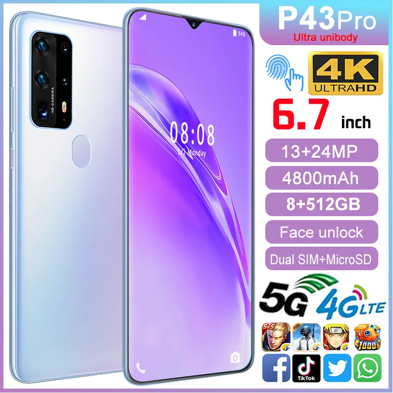 

In Stock P43pro Quad Camera Android 10 OS 6.7" FHD+ Full Screen 64GB/128GB ROM LPDDR4X Octa Core Global Version Phone