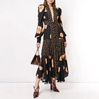 Stylish V-neck Lantern Sleeve Floral Prints Dress Women Ruffled Ultra Long Dress
Stylish V-neck Lantern Sleeve Floral Prints Dress Women Ruffled Ultra Long Dress