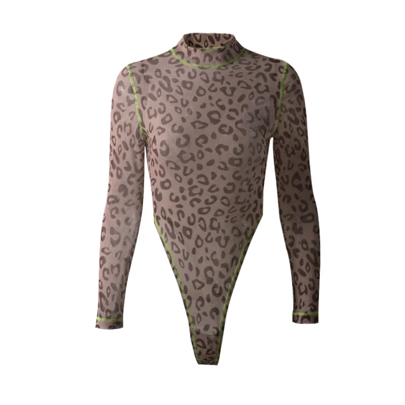 New Leopard Bodysuit Women Sexy High Cut Leotard Thong Clubwear Skinny Body Suit Long Sleeve Playsuit Printed Romper Jumpsuits
