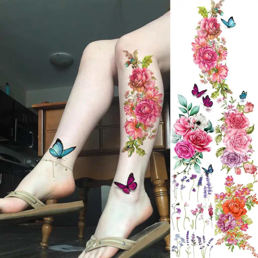 

3D Watercolor Peony Flower Temporary Tattoos For Women Adult Rose Lavender Butterfly Fake Tattoo Sexy Calf Arm Washable Tatoos