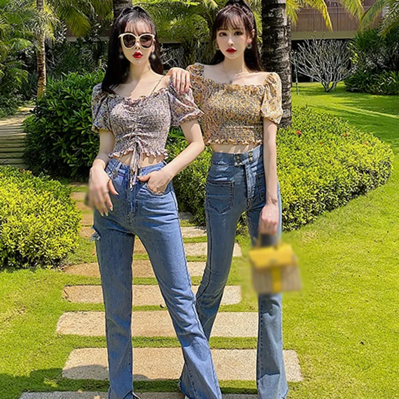 Women Summer chiffon Blouses Korean version of floral square collar pleated drawstring exposed navel short-sleeved Shirt M
Women Summer chiffon Blouses Korean version of floral square collar pleated drawstring exposed navel short-sleeved Shirt M