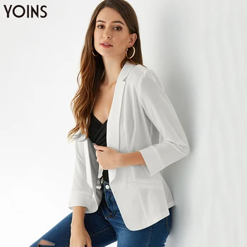 

YOINS 2020 Autumn Winter Coats & Jackets Women Blazers White Pockets Long Sleeves Opent Front Blazer Office Chic Outwear Femme