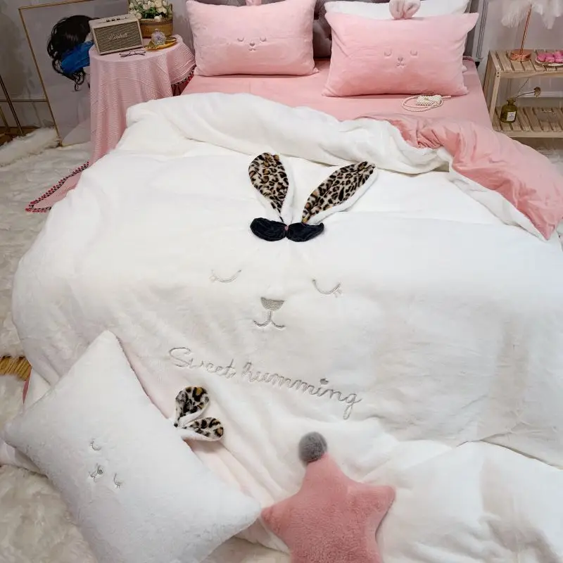 Cute Rabbit Ear Embroidery White Pink Gray Yellow Fleece Fabric Winter Girl Bedding Set Velvet Duvet Cover Bed sheet Pillowcases
Cute Rabbit Ear Embroidery White Pink Gray Yellow Fleece Fabric Winter Girl Bedding Set Velvet Duvet Cover Bed sheet Pillowcases