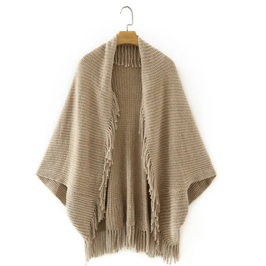 

Bohemian Cozy Tassels Poncho Chunky Knitted Cape With Fringe Design Wrap Cardigan Sweater Female Camel Loose Batwing Cloak Fall